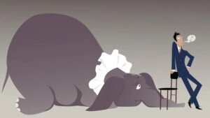 Nonchalant man attempting to hide an elephant under a chair, vector illustration, EPS 8