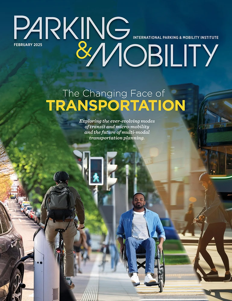 Parking & Mobility magazine cover for February 2025, highlighting multi-modal transportation.